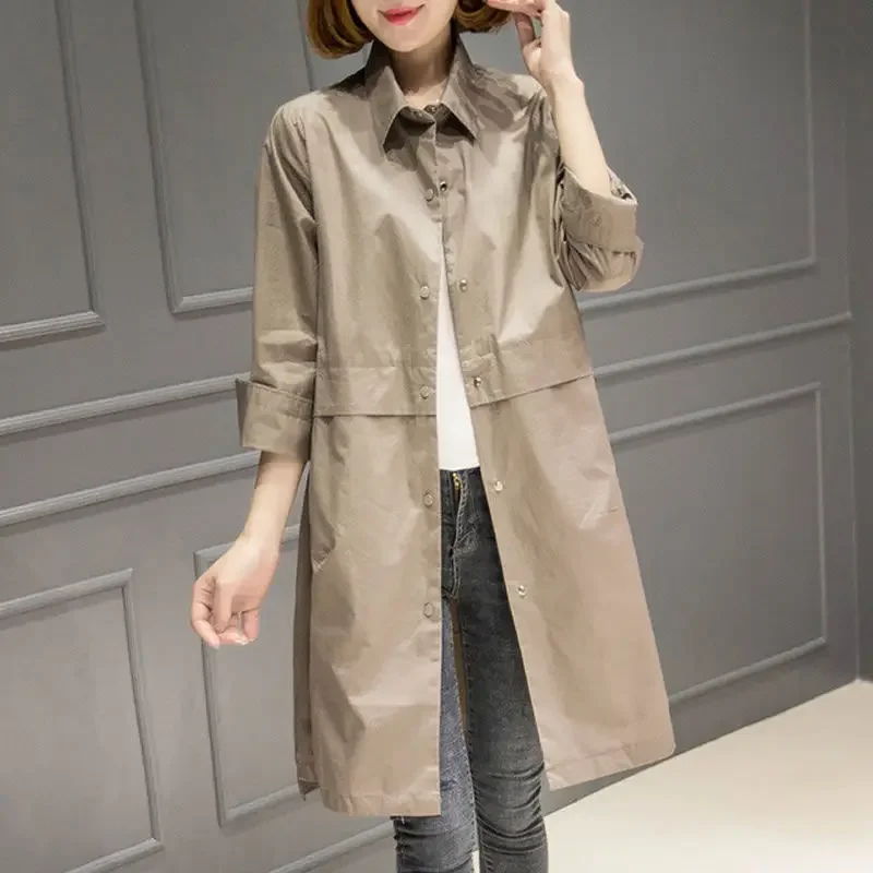 

LKSK New 2024 Women's Mid Length Long Sleeved Windbreaker Spring Autumn Windproof Loose One Shoulder Flip Collar Versatile Coat