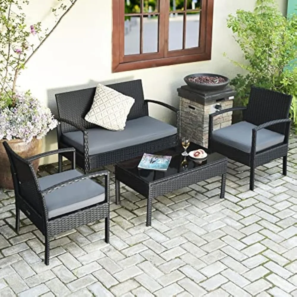 4PCS Patio Rattan Furniture Set, Outdoor Wicker Conversation Set with Tempered Glass Coffee Table, Seat Cushions 4