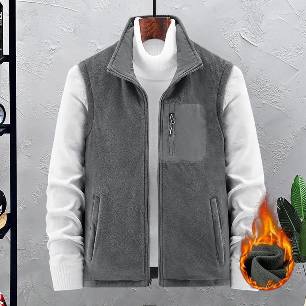 

Functional Pocketed Vest Coat Winter Men's Zipper Vest Coat with Multiple Pockets Fleece Lining Windproof Thermal Plush