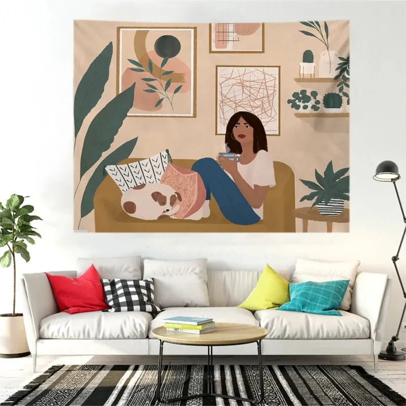 Nordic cartoon girl character tapestry fresh home decoration room bedroom living room wall background hanging cloth tapestry decor
