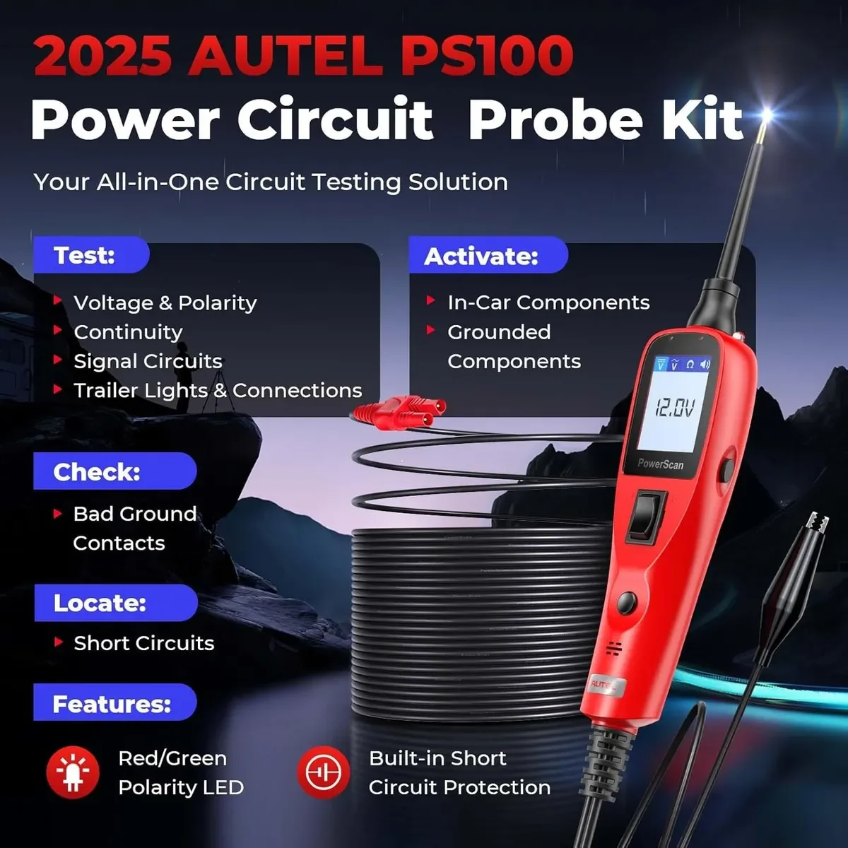 Circuit Tester Circuit Detector Probe Pen Tester Auto Diagnostic Scanner Voltage Test Pen 2025 Autel PS100 Automotive Circuit Tester Power Scan Probe Test Kit Electrical System AC DC Voltage Car Diagnostic Tool 12V 24V