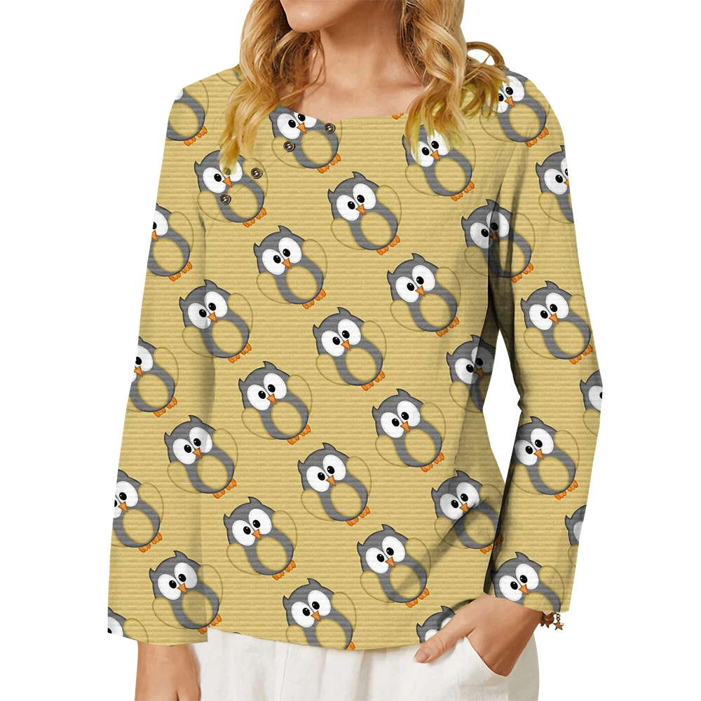 

CLOOCL O Neck Tshirt Women's Vintage Printed Owl Pattern Tee Button Decoration Tops Loose Casual Long Sleeve Blouse