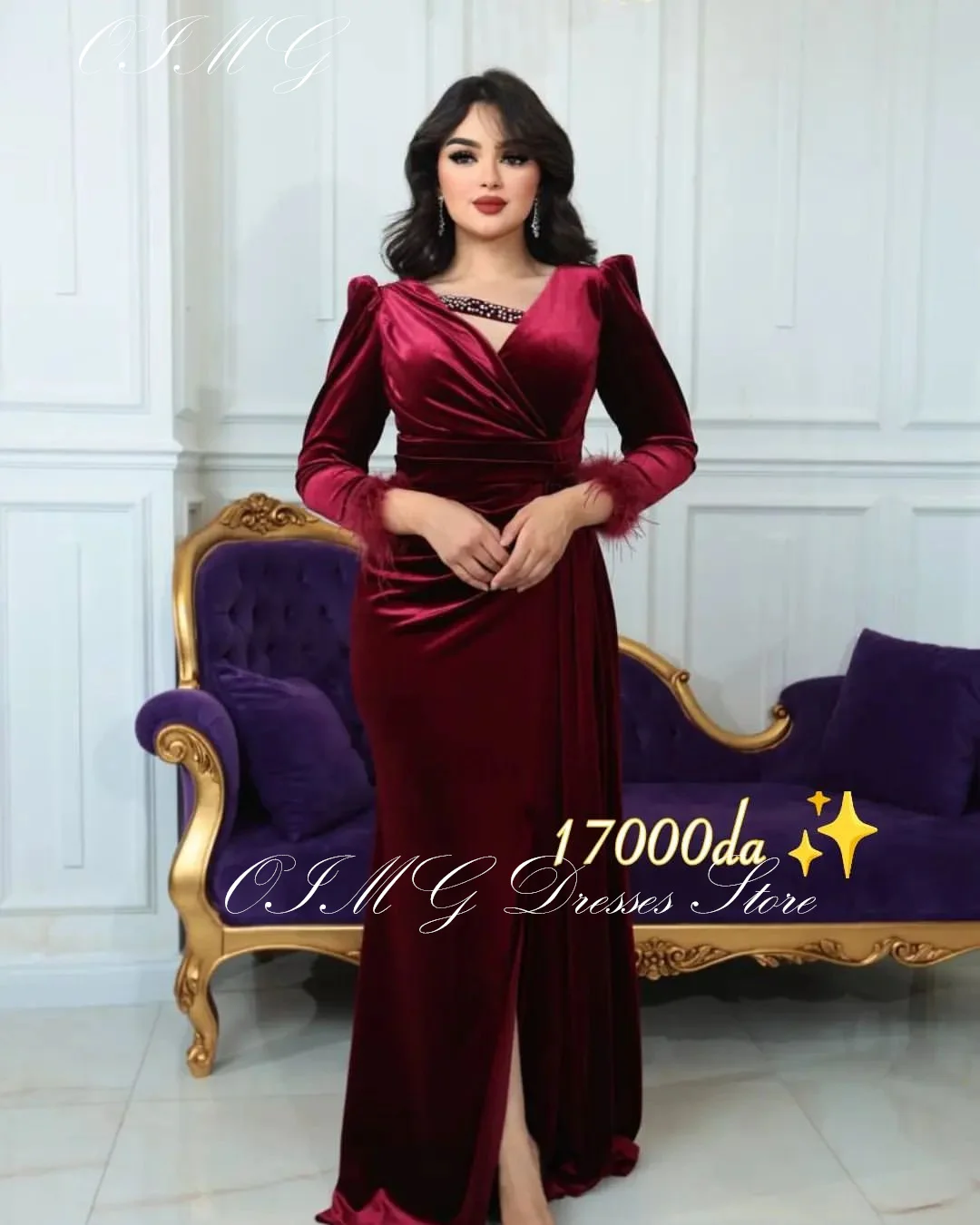 

OIMG Gorgeous V-Neck Red Feather Prom Dresses Velvet Long Sleeves Women Ruched Mermaid Evening Gowns Occasion Formal Party Dress