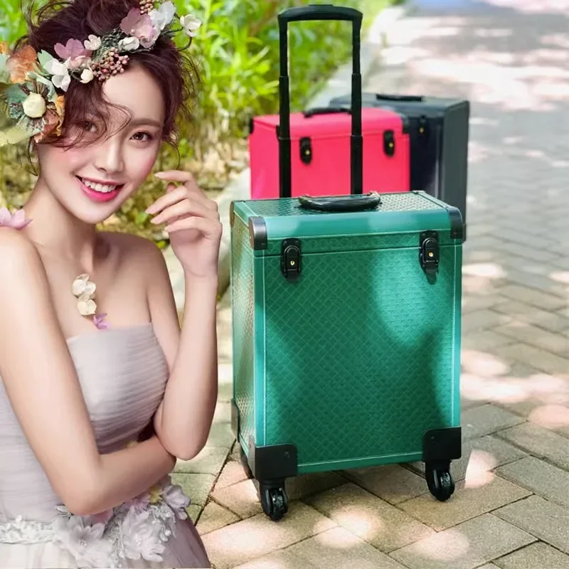 Professional Beauty Nail Art Pink Makeup Case Multi-Function Toolbox Leather Roller Trolley Case Can Store Aluminum Alloy