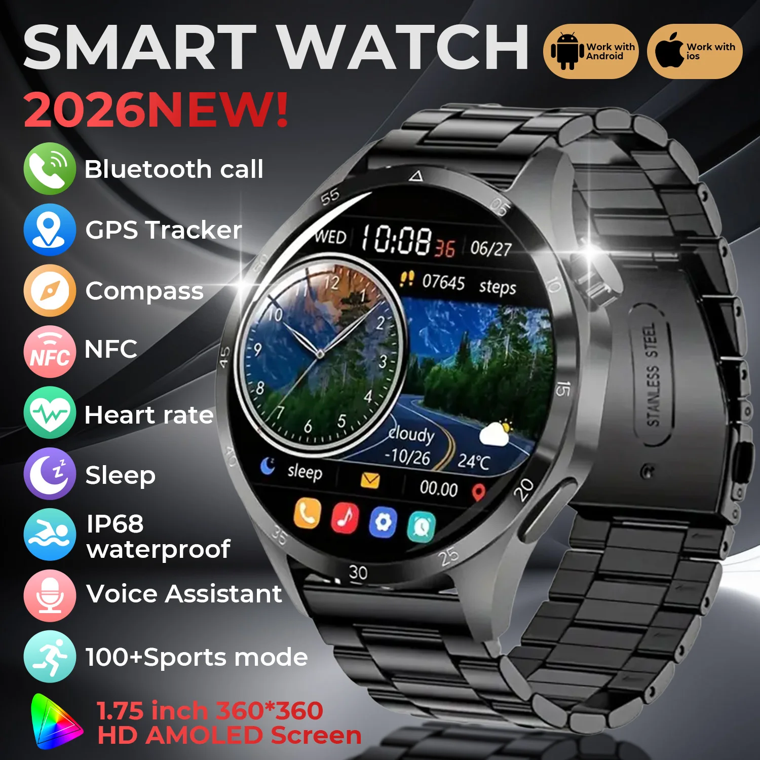 2026 New SmartWatch 1.52" HD AMOLED Screen Heart Rate Bluetooth Call Women's Health Monitoring Smartwatch for Men Women 1