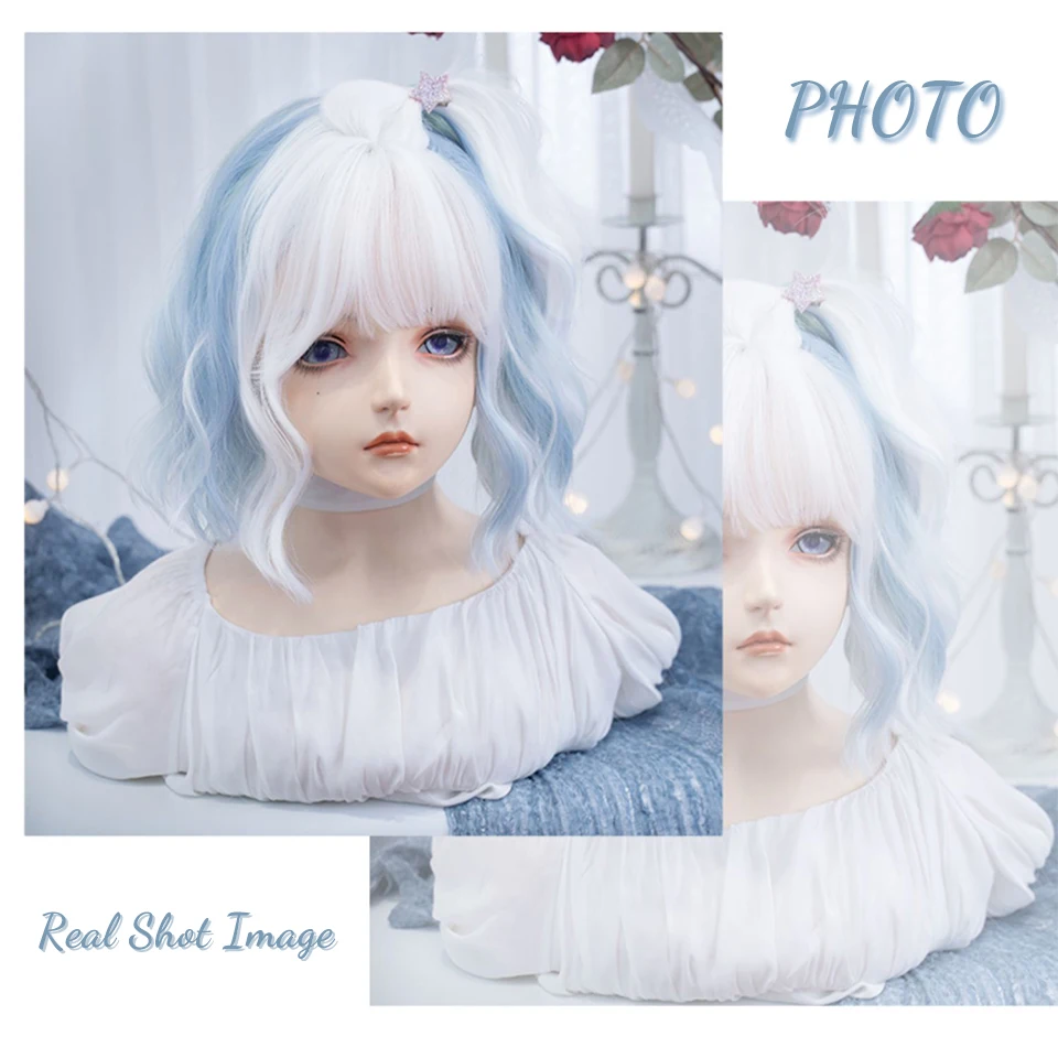 Synthetic White Blue Green Bob Wig for Women Daily Cosplay