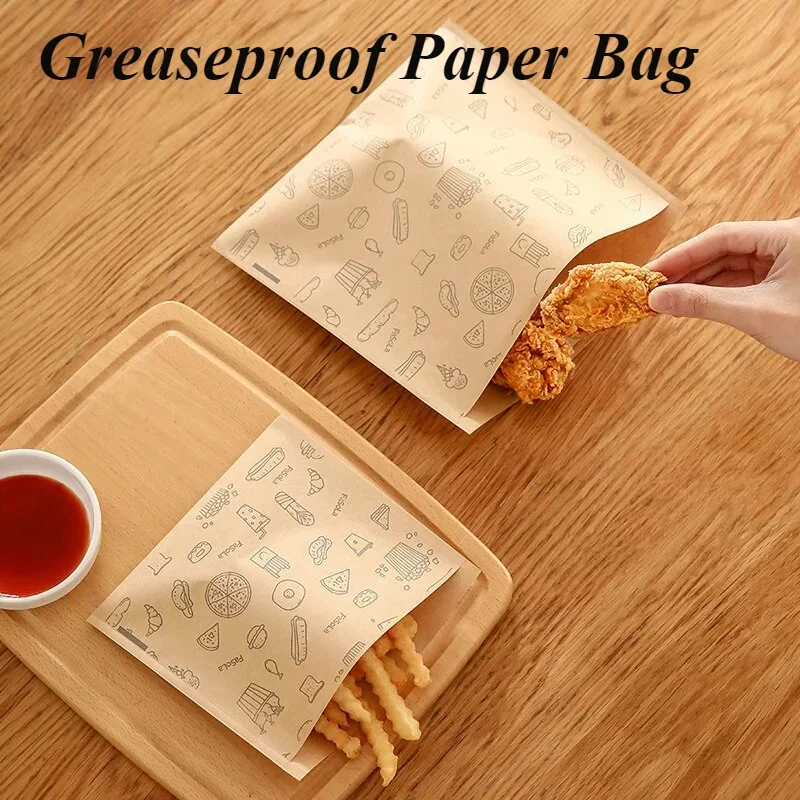 Eco-Friendly Greaseproof Kraft Paper Food Packaging Bags, 50/100 PCS, Disposable and Versatile