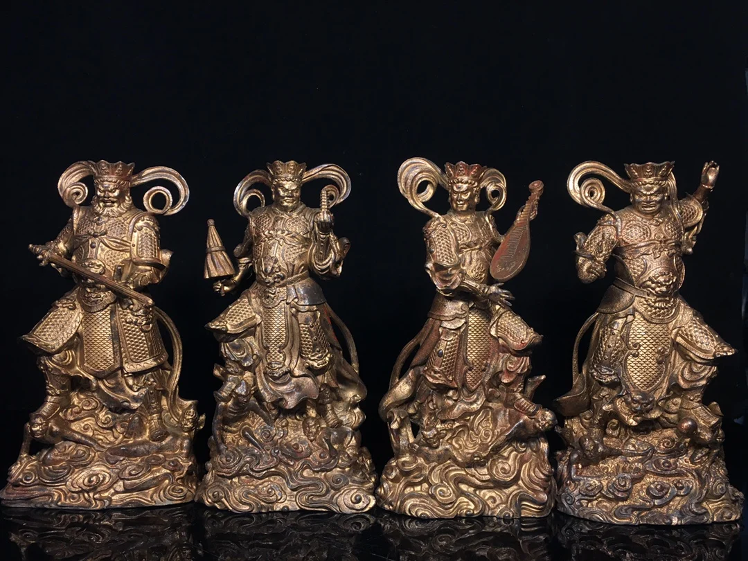 

10"Tibetan Temple Collection Old Bronze Cinnabar Mud gold The Four Heavenly Kings Guardian Buddha statue A set Worship Hall