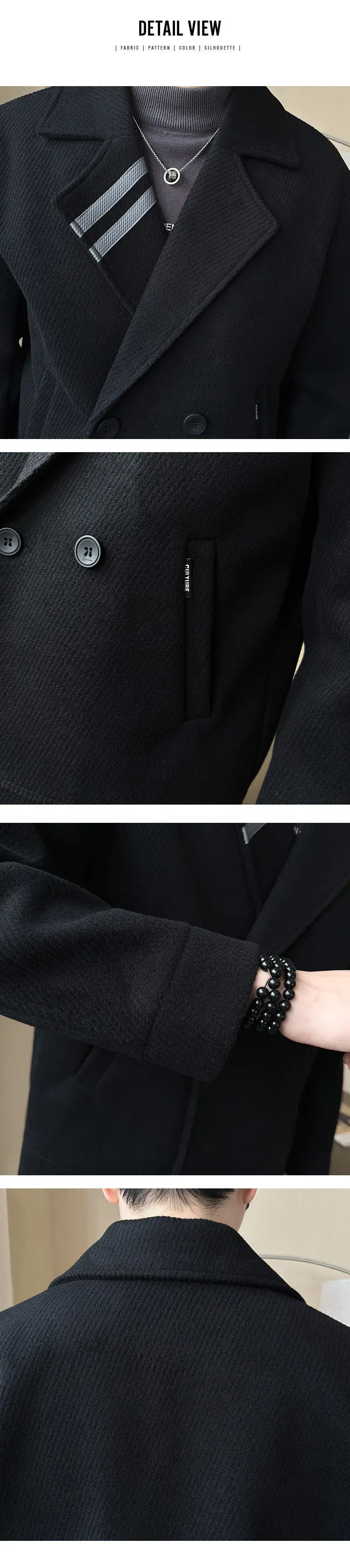 Description Picture 5 of itemTop Quality Men's Fall Winter Short Woolen Coat Double-breasted Men's Solid Color Padded Padded Warm Woolen Jacket Men's Coats