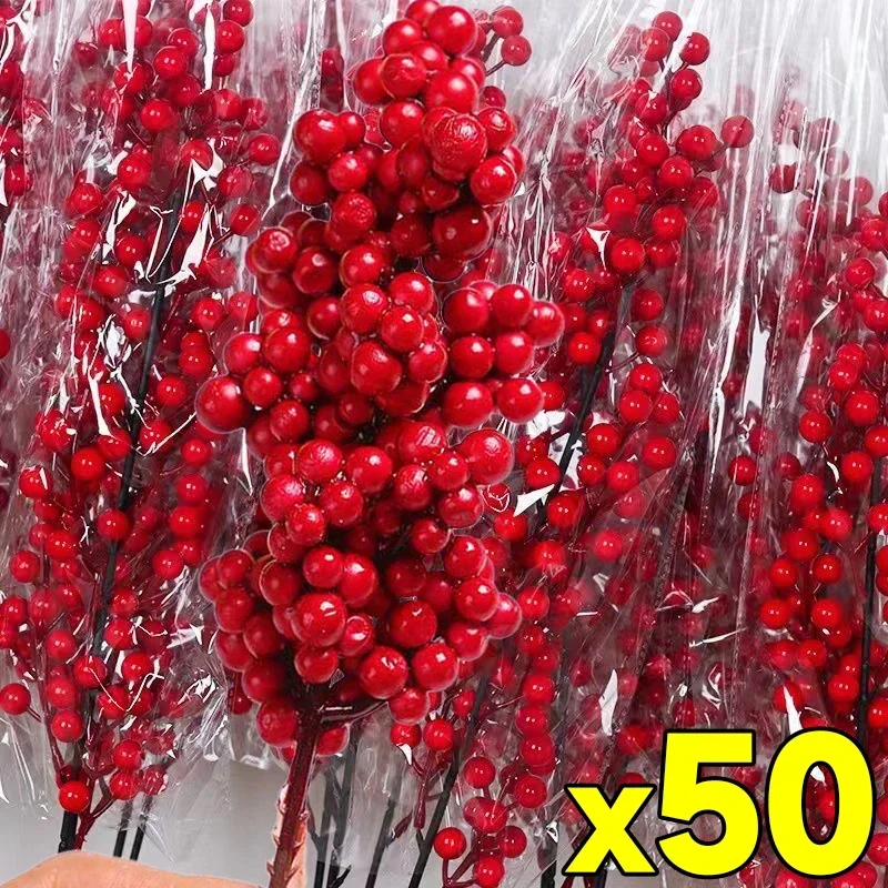 Weihnachten künstliche rote Beeren Zweig gefälschte Pflanzen Blumen Holly Berry Staubblatt Kranz Ornamente für Weihnachtsbaum Party Home Decor