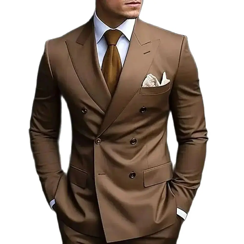 Hochwertige braune Herren anzüge Zweireiher maßge schneiderte Hochzeits anzug Peaked Revers formelle Blazer Slim Fit 2-teilige Jacken hose image_0