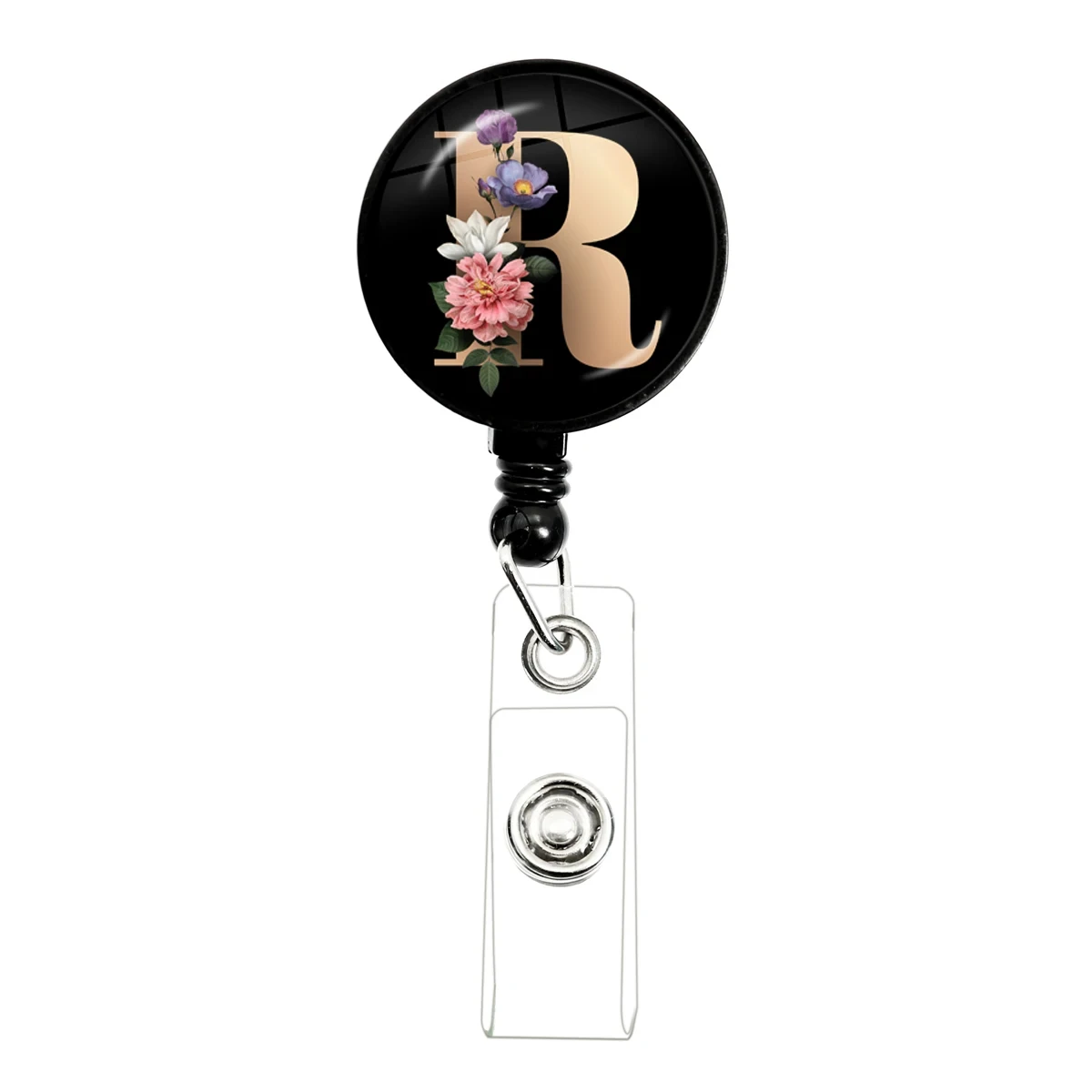 ID Badge Holder Nurse Doctor Black Badge Reel Retractable A-Z Round Glass Key Ring