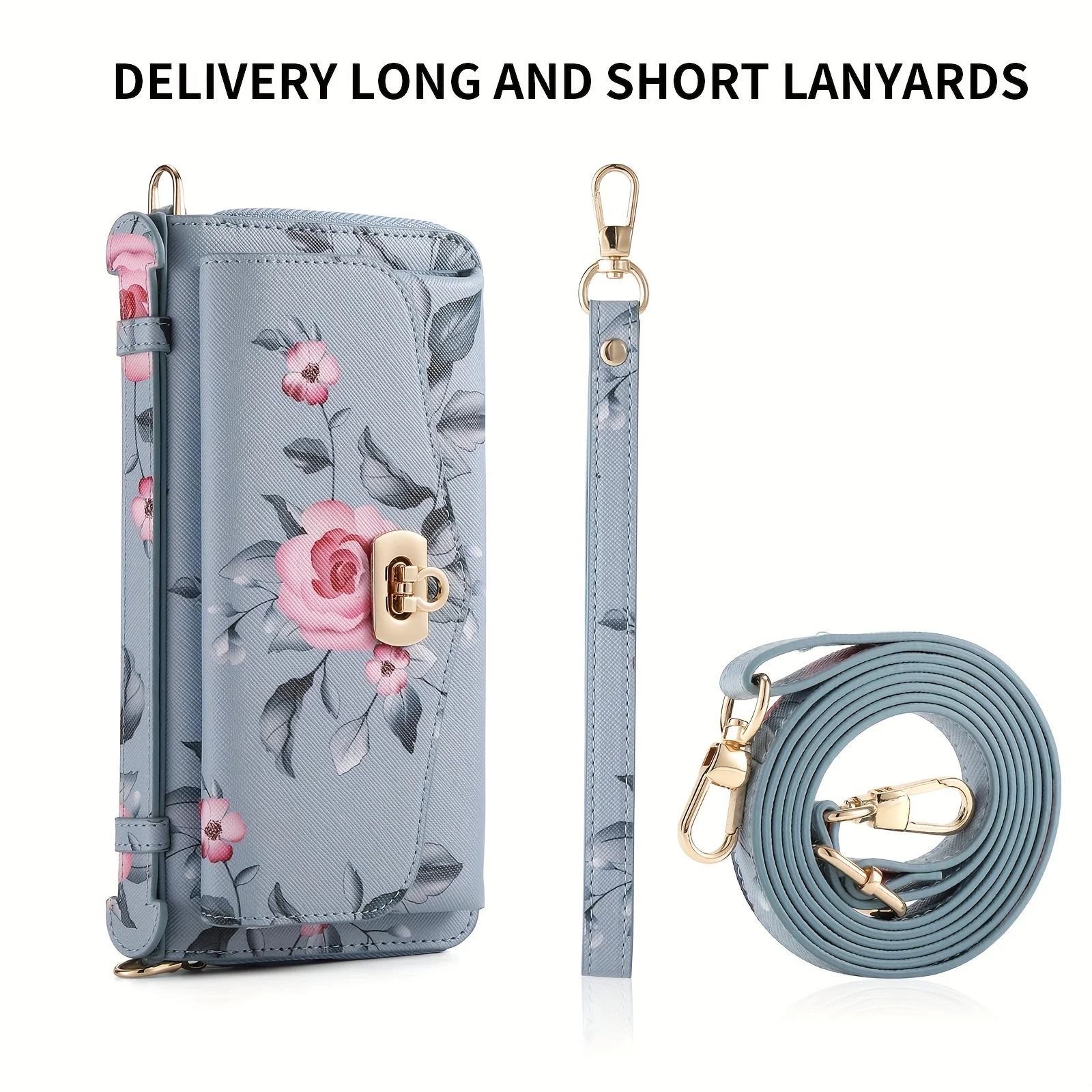 Flower Mobile Phone Bag With Lanyard Strap, PU Leather Zipper Handbag, RFID Blocking Card Holder, Casual Clutch Bag