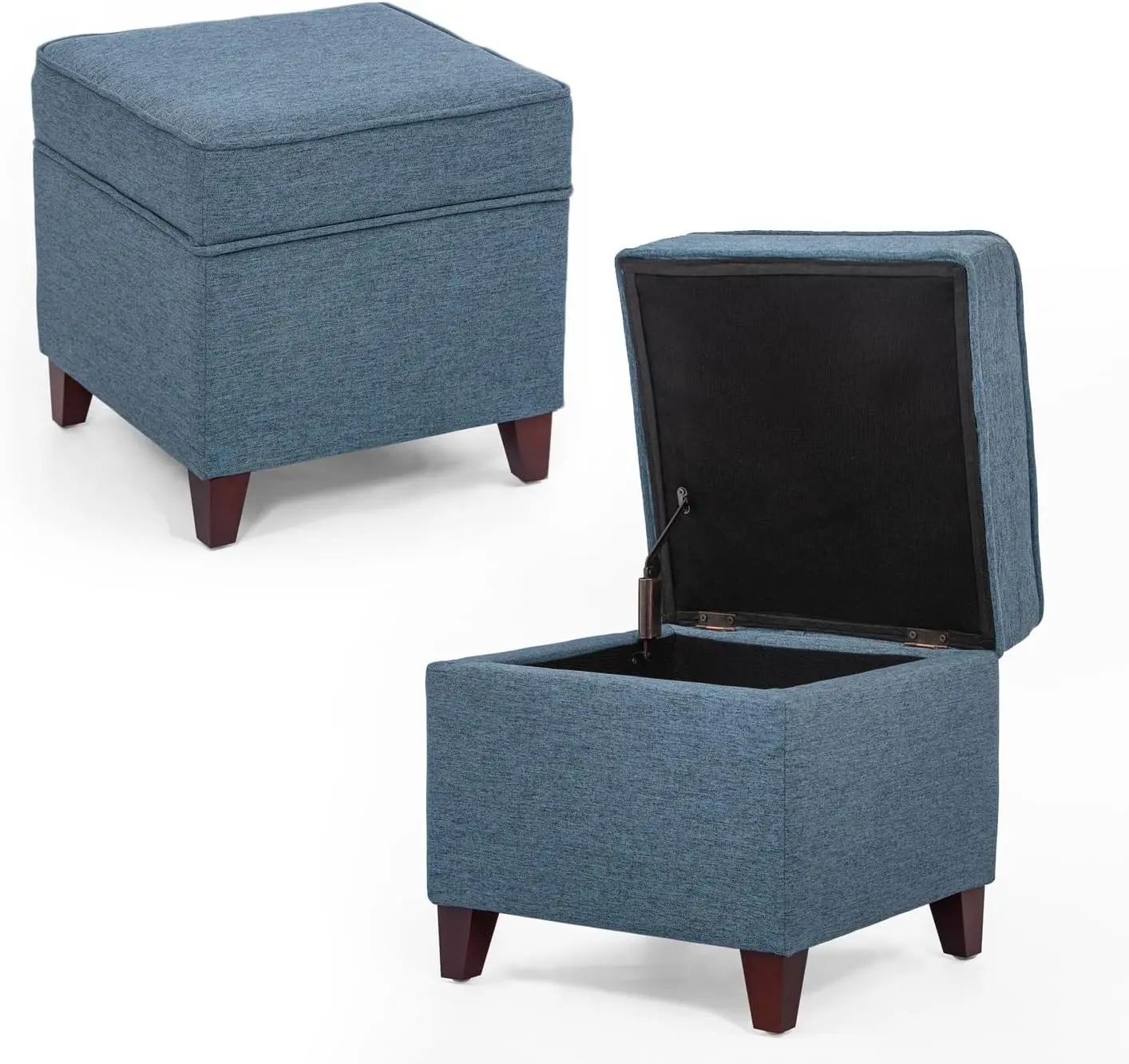 17" Square Ottoman with Storage,Small Blue Storage Ottoman Foot Rest with Hinged Lid & Solid Wood Legs, Linen Fabric Foot Stool