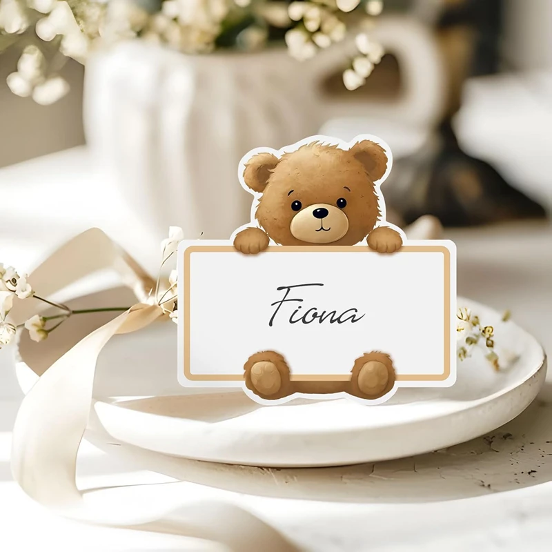 20/50Pcs Brown Bear Name Place Card Paper Seating Number Invitation Card Wedding Kid Birthday Party Baby Shower Table Decoration