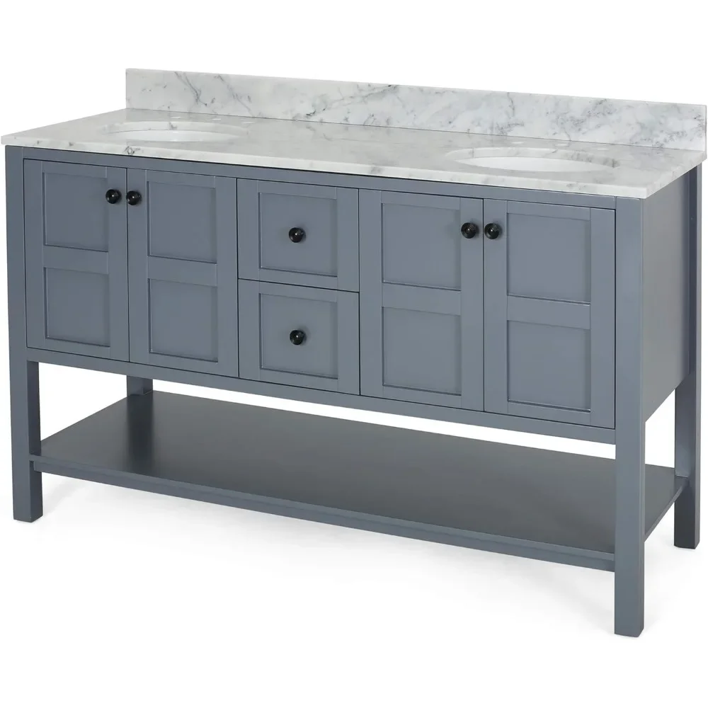 61" Bathroom Vanity with Two Sinks Double Bathroom Vanity with Marble Top, 4 Doors, 2 Drawers, for Bathroom，No Mirror (Grey) 6