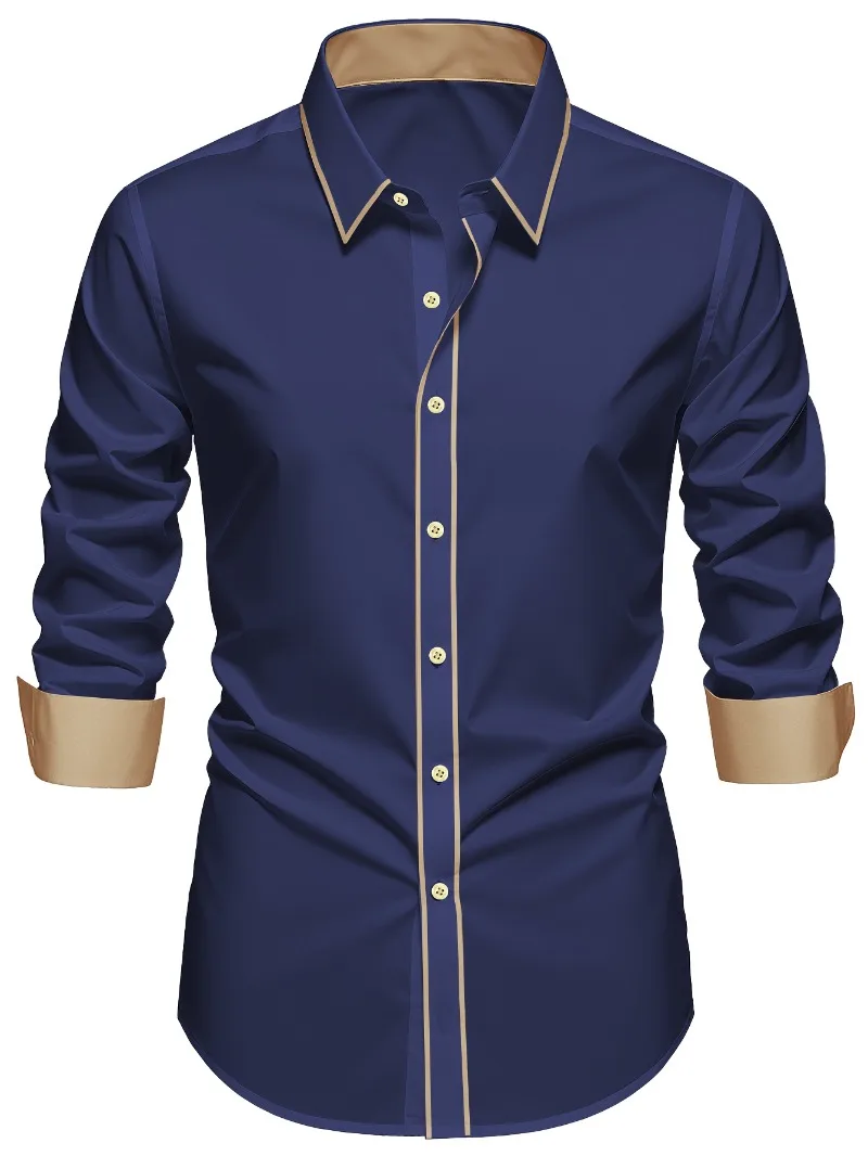 2025 جديد الرجال المرقعة قميص الموضة الفاخرة طويلة الأكمام الذكية عادية أربعة الموسم سهرة رجل مايكرو مطاطا القمصان