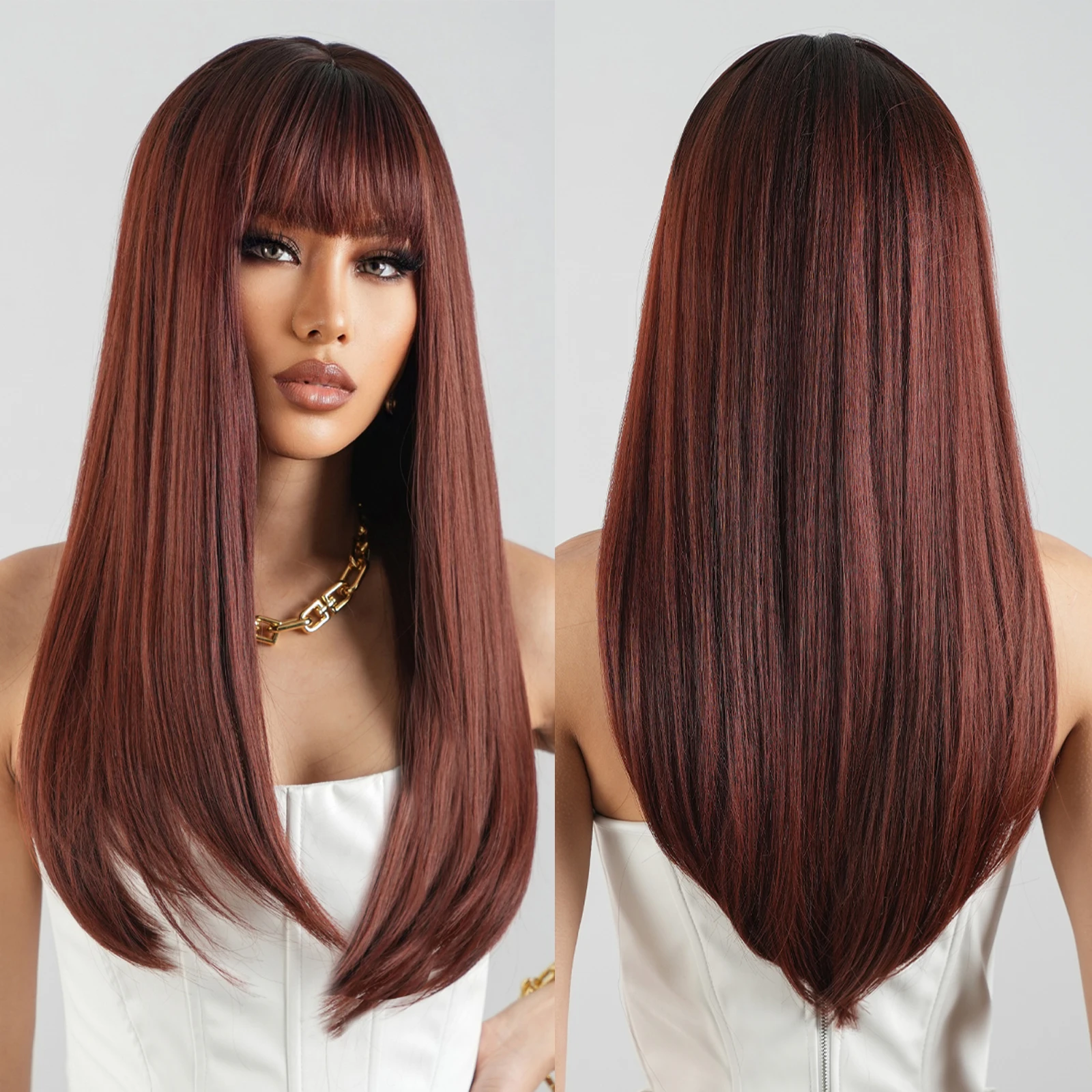 

Brown Wine Red Long Synthetic Wigs Burgundy Cosplay Straight Hairs Wig with Bangs for Women Daily Party Halloween Heat Resistant