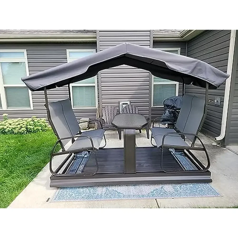 Aluminum Frame 4-Seat Outdoor Glider Bench with Canopy Sling Seat Retro Metal Patio Swing Chair Garden Furniture 2