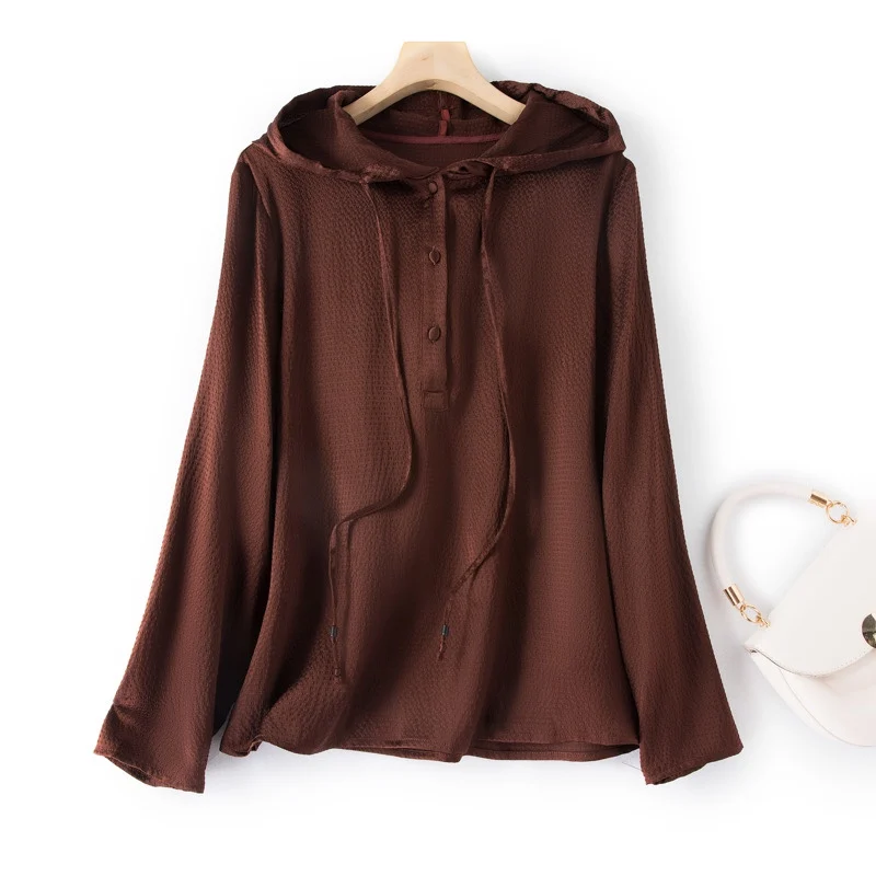2023 Women's Chocolate Elastic Pearl Satin Long Sleeve Hoodie with Mulberry Silk Sunshade and Sunscreen Coat