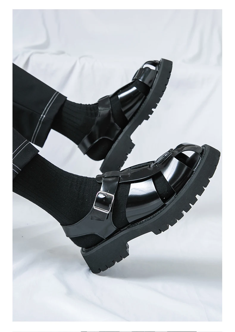 4.5Cm Thick Sole Heightening Sandals Men's Glossy Cowhide Buckle Business Casual British Genuine Leather Summer Sandals for Men