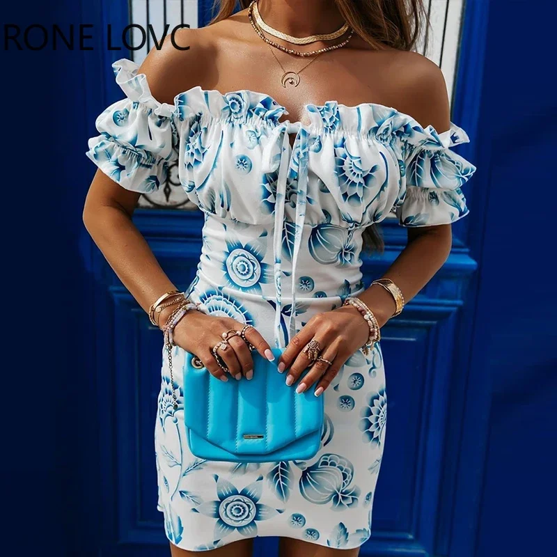 

Women Chic All Over Print Edible Tree Fungus Hem Slash Collar Off Shoulder Sexy Mini A Line Bodycon Party Dress