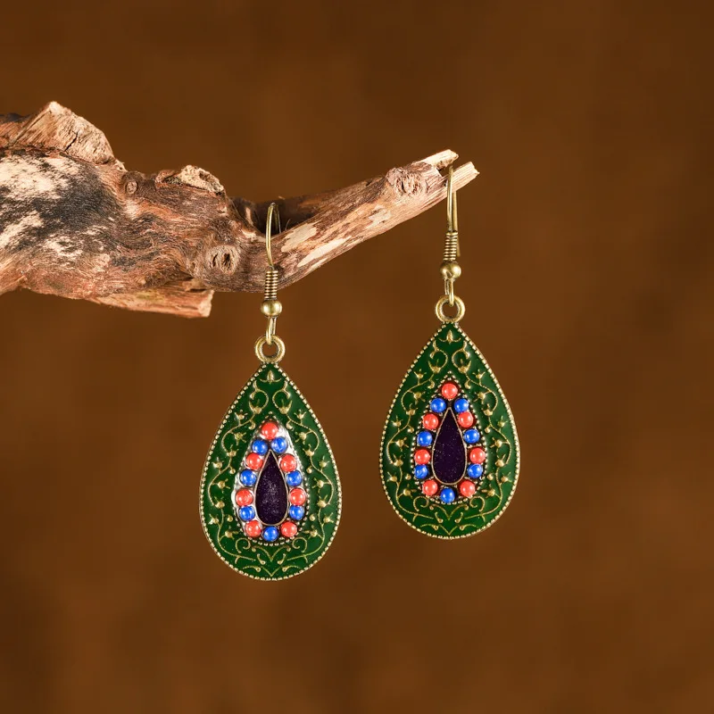 

National customs drop oil technology contrast earrings drop-shaped millet beads exquisite earrings Free shipping Women's jewelry