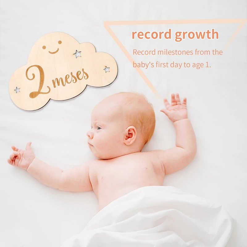 bebe recien nacido cosas，Tarjetas conmemorativas con forma de nube para bebé, accesorios de fotografía para recién nacido en inglés y español, de madera, con números y meses