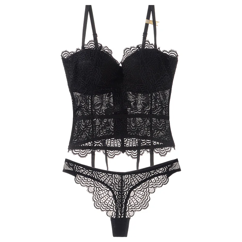 Women Sexy Corset Lingerie Set Lace Push Up Two-pieces Bra Thongs Sets With Garter Slim Fit Adjust-straps Underwear For Lace