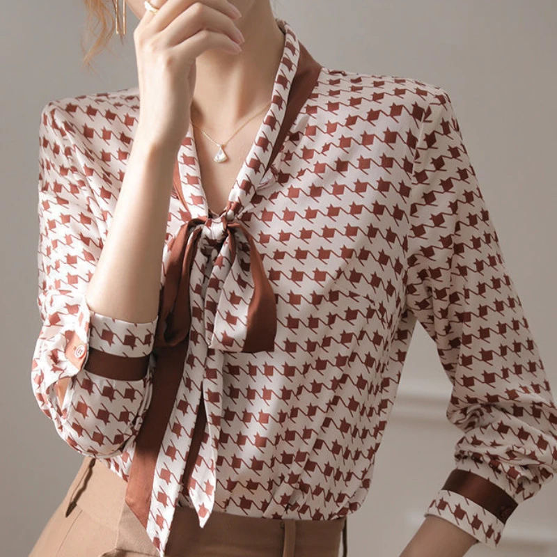 

2023 Spring Summer Red Plaid Printing Elegant Shirt Long Sleeve Bow Tie Blouse for Female Korean Style Casual Office Lady Shirt