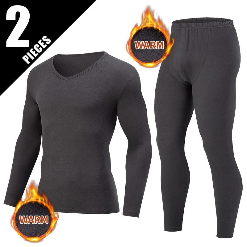 2-piece Autumn And Winter Men's Small V-neck Solid Color Warm Underwear Set Comfortable Large Bottom Shirt Versatile Sleepwear