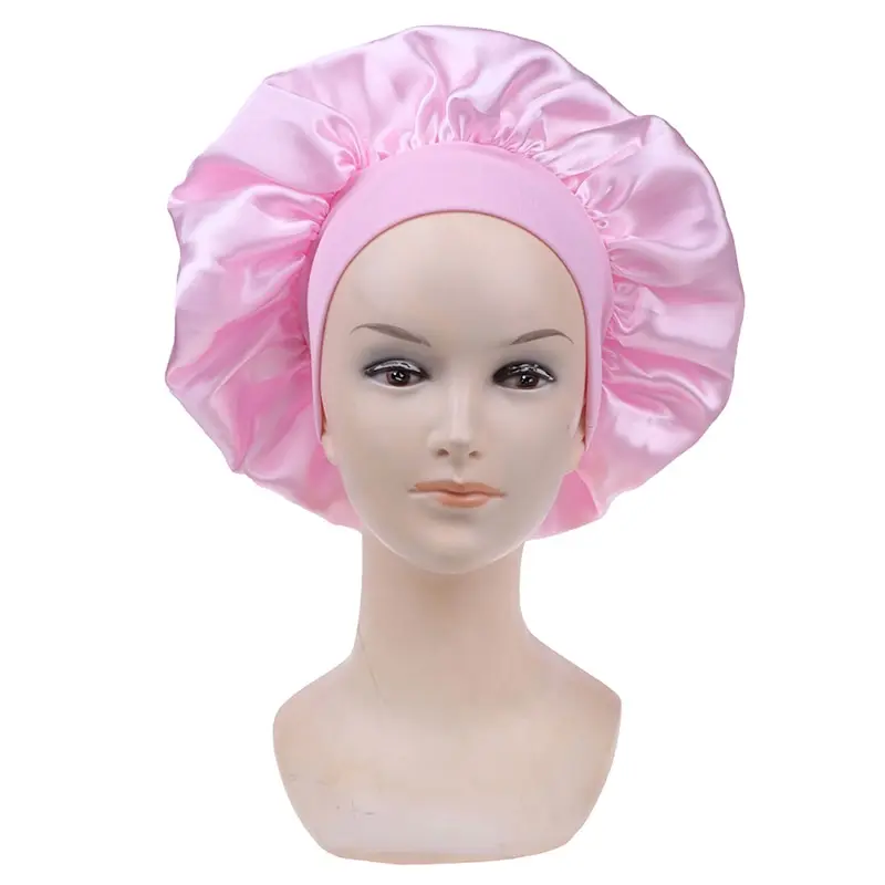 Satin Bonnet 58cm Long Hair Care Women Night Sleep Hat Silk Head Wrap Adjust Shower Caps Knitted Solid Color