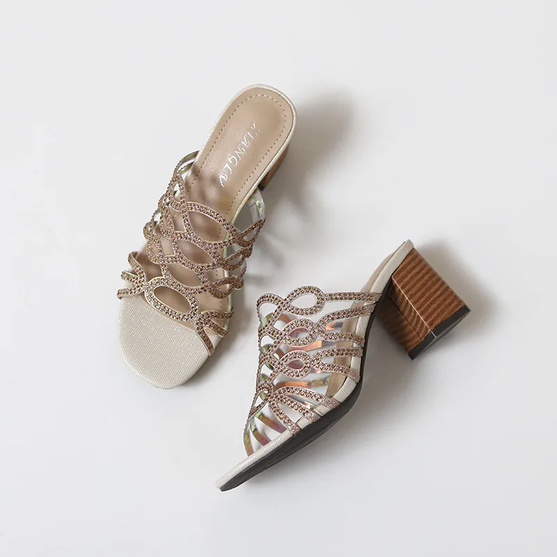 322-5 High Heel Sandals for  2023 New Summer Versatile Casual Rhinestone Thick Heel Roman Shoes for Women