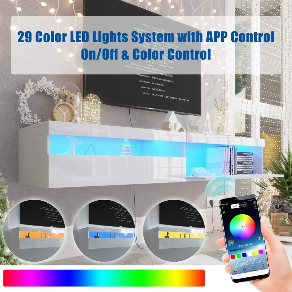 Floating TV Stand with Led Lights, 71 inch Wall Mounted TV Shelf with Power Outlet, Center Media Console with Storage Cabinet 2