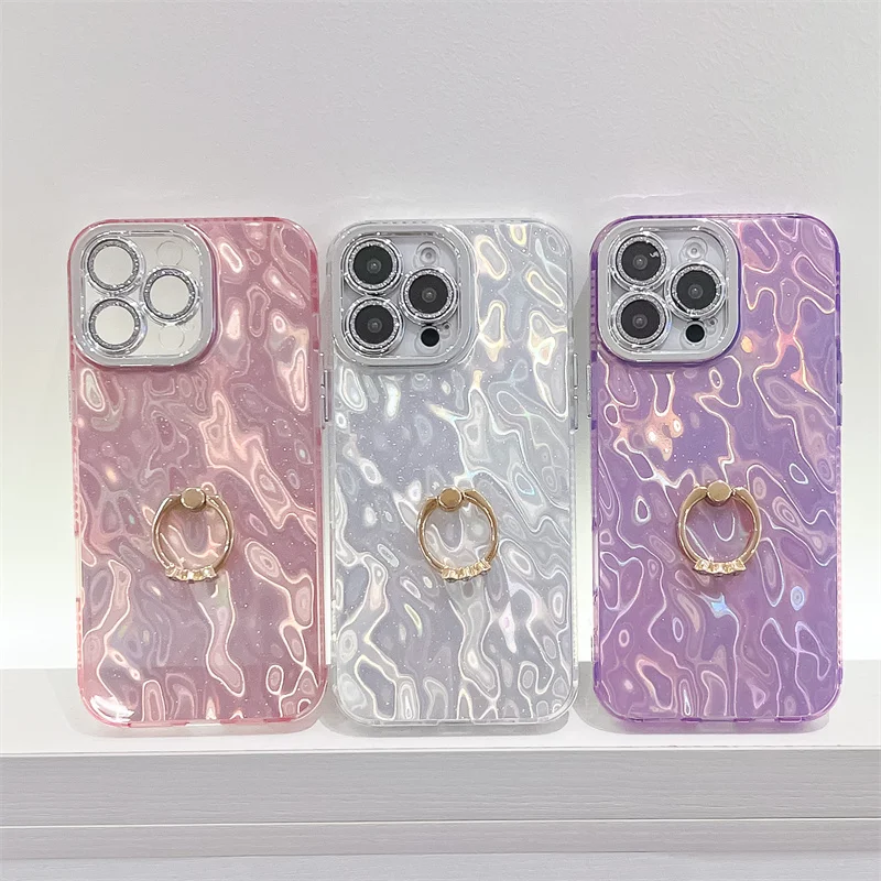Étui de téléphone pliable avec anneau en aluminium pour iPhone 16 Plus 15 14 13 Pro Max, protection de caméra à paillettes, coque arrière rigide antichoc en PC_voghion.com