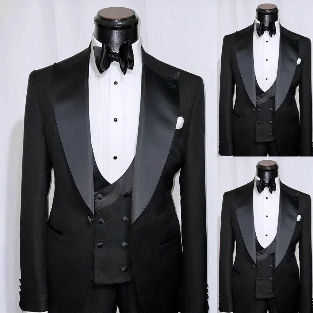 Men Black Suits 3 Piece Single Button Satin Peak Lapel Tuxedo Slim Fit Party Groom Wedding