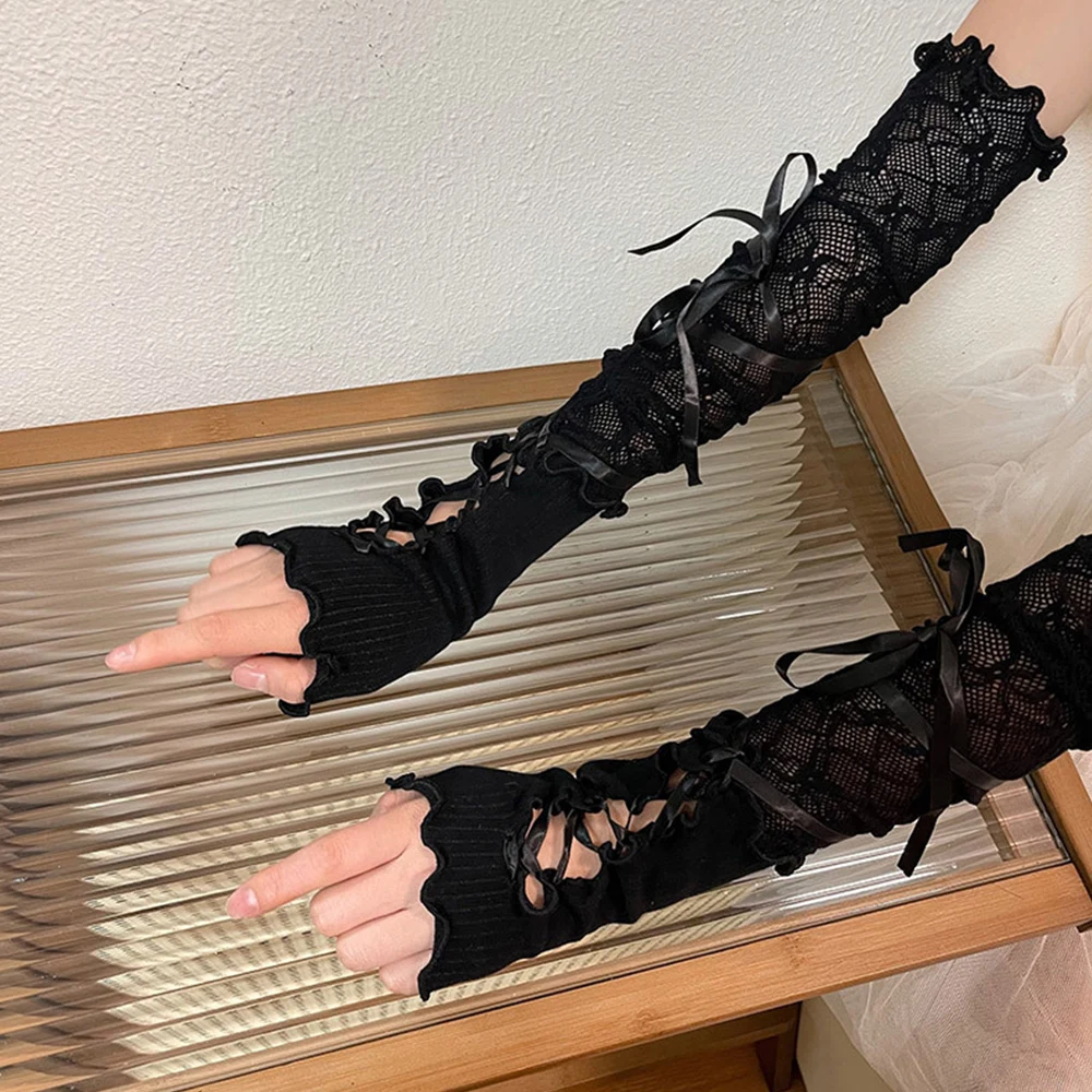 

Women Lolita Jk Gloves Bow Tie Elastic Mesh Punk Gloves Long Lace Fingerless Strapping Arm Sleeve Hollow Out Stretchy Sleeves