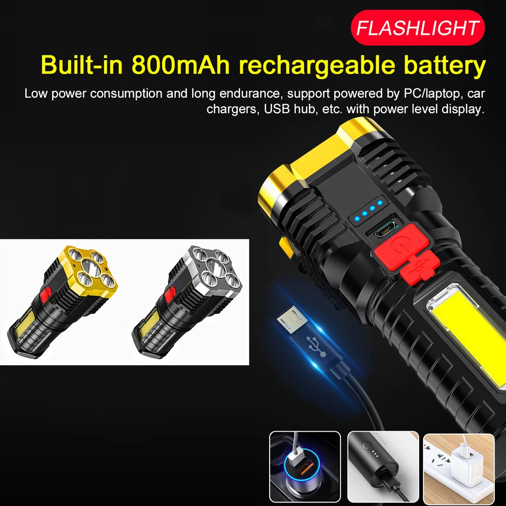 

5 LED Flashlight USB Rechargeable Light High Lumen Work Light with Sidelight 4 Light Modes Camping Hiking Adventure Use