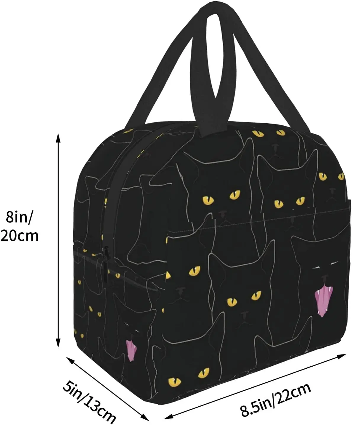 Black Cats Insulated Lunch Bag for Women Men Reusable Leakproof Tote Bag with Front Pockets Cooler Work Office Beach Hiking