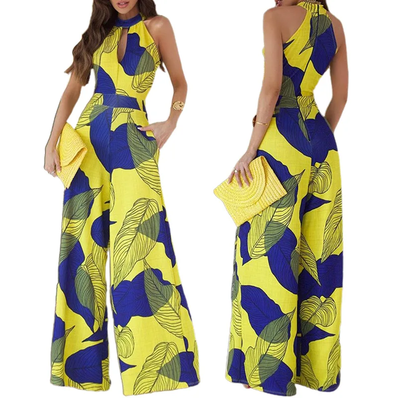 2023 summer women's temperament hanging neck hollow-out sleeveless print fashion wide-leg jumpsuit women dress pants