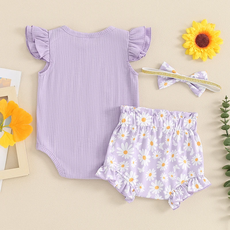 3-teiliges Sommer-Outfit für Babys, Mädchen, Fliegenärmel, Strampler, Schleife vorne, Shorts, Stirnband, Set für Neugeborene – Detail 9