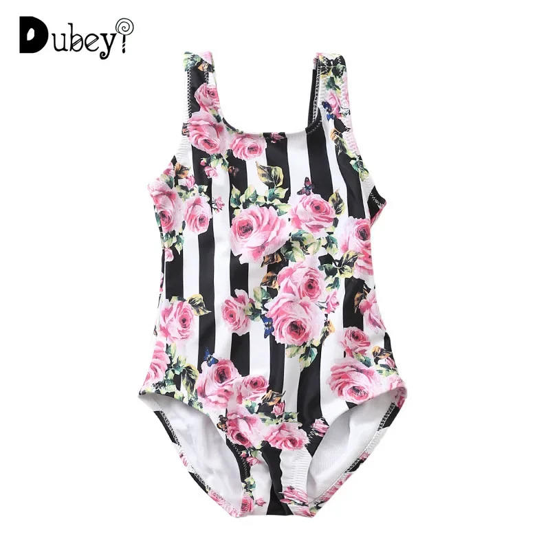 

Designer Brand Girls Swimwear One Piece Swimsuit Kids Girl Bikini Black White Striped Roses Swimming Suit Children Swim Wear