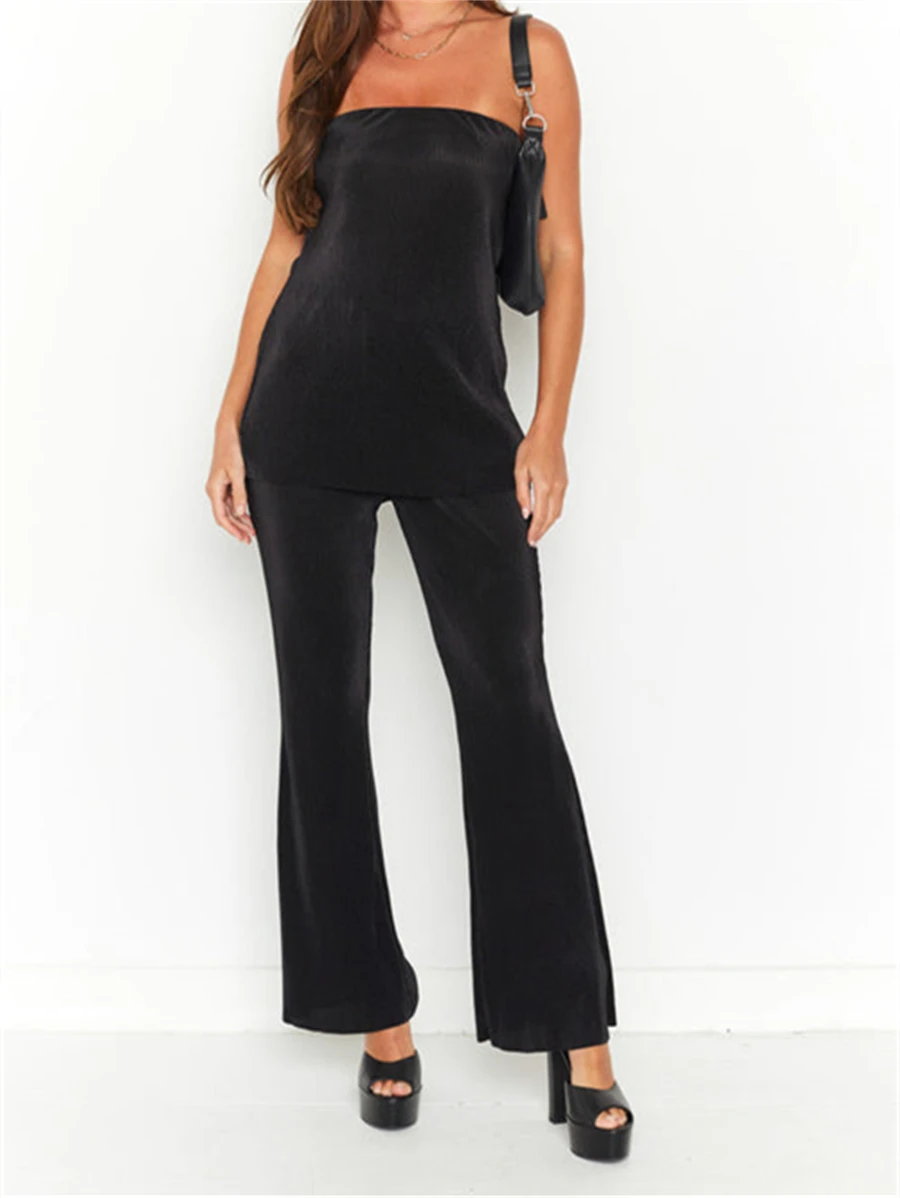 

Chic Two-Piece Vest and Pants Suits Elegant Fashion Women Matching Sets Back Cutout Strapless Tank Top+Flare Pants Outfit