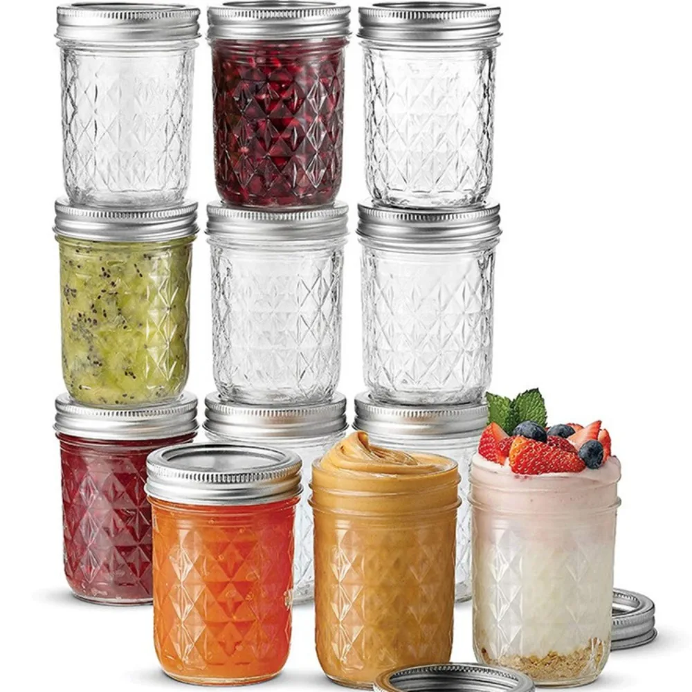120ml-650ml Transparent Glass Sealed Bottle Mason Jar Diamond Pattern Jam Juice Bottle Labelable Seal Bottle Kitchen Tool 4