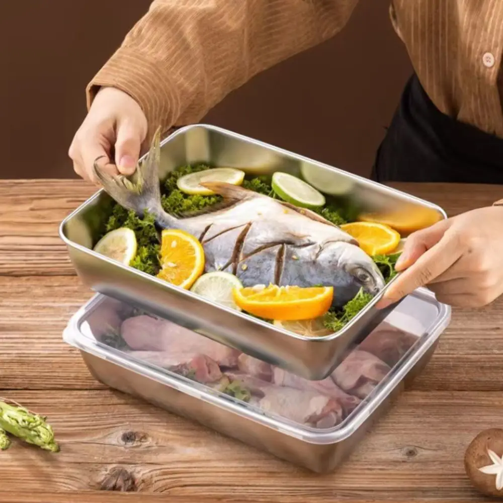 Durable Stainless Steel Square Plate Rectangular with Lid Food Storage Pan Large Multifunction Baking Dish Kitchen Cooking Tools 5