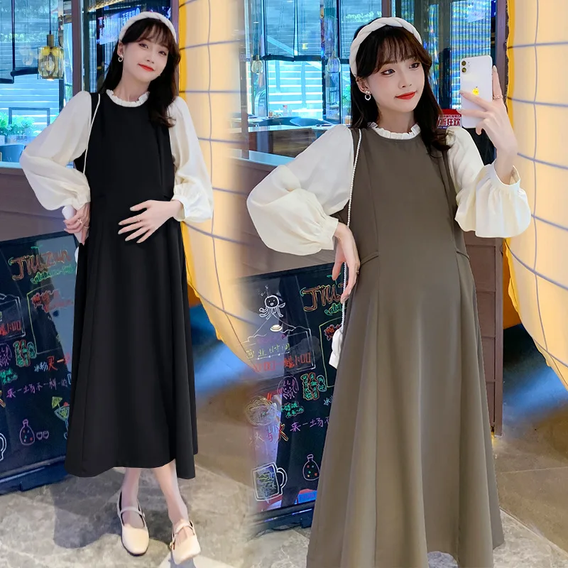 

2024 Spring Maternity Clothes Korean Style Pregnant Woman Long Loose Dress Ruffled Collar Patchwork Pregnancy Formal Clothes