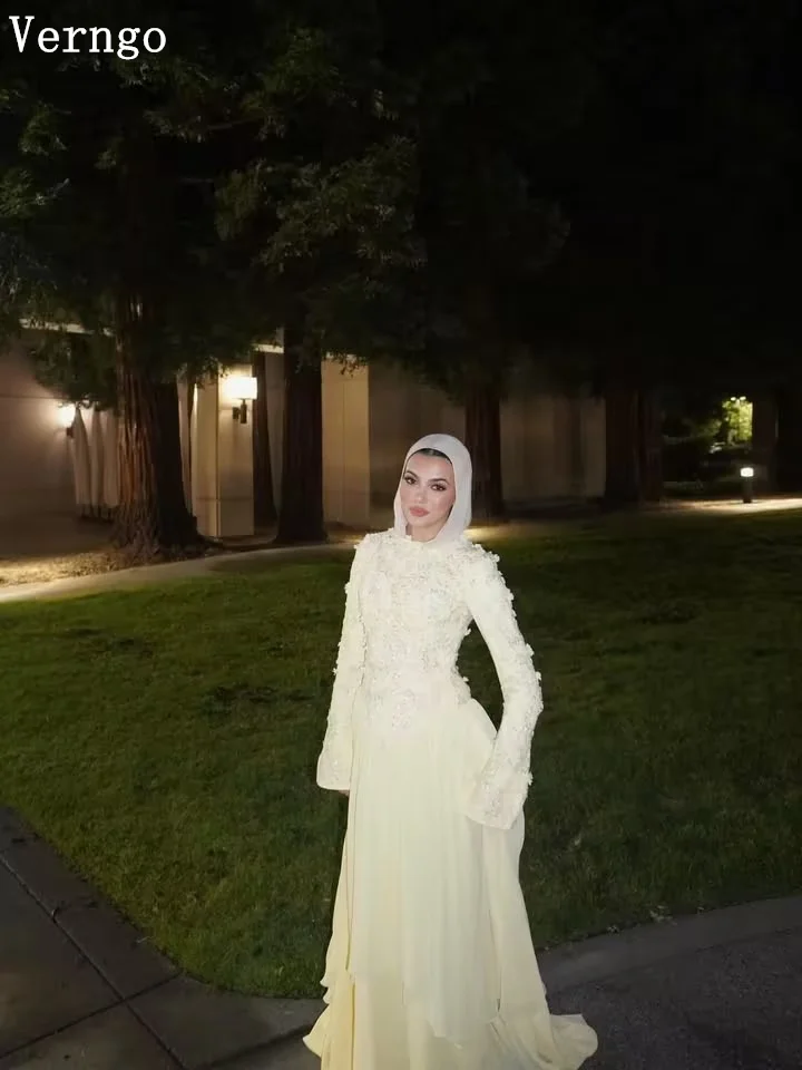 Verngo Luxury Yellow Crepe Evening Dress Appliques O Neck Full Sleeves A Line Prom Dresses Modest Party Gowns 2026 Customized 6