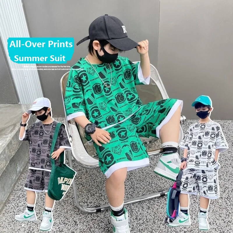 

Summer Boys Patchwork All-Over Prints t-Shirt Tops+Short Pants Set School Kids Tracksuit Children 2PCS Outfit Suit 3-16 Years