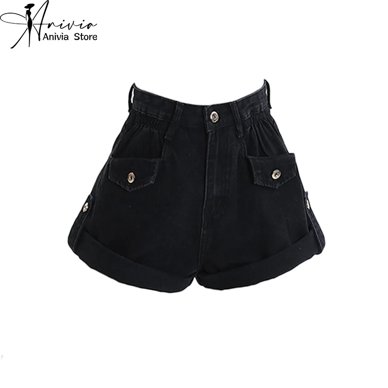 

Women's Spring/Summer Fashion Retro Black Y2K Design Denim Shorts New Loose Wide Leg Curled A-line High Street Spicy Girl Pants