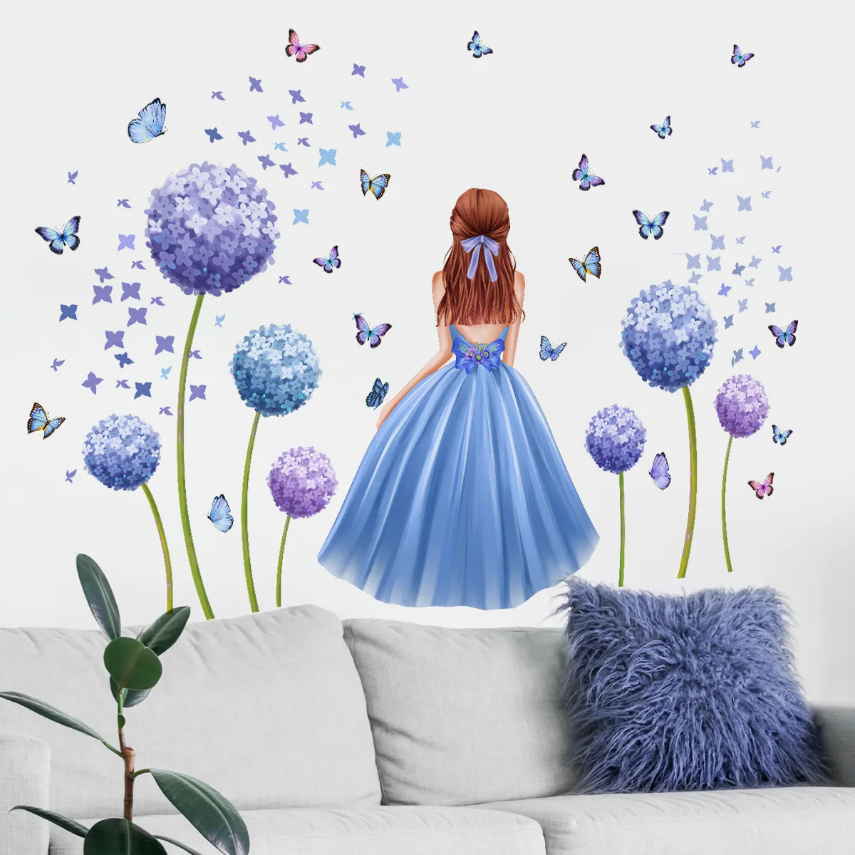 4pcs Plant Flower Little Girl Butterfly Cartoon Wall Sticker Living Room Bedroom Study Restaurant Decorative Mural Wall Sticker